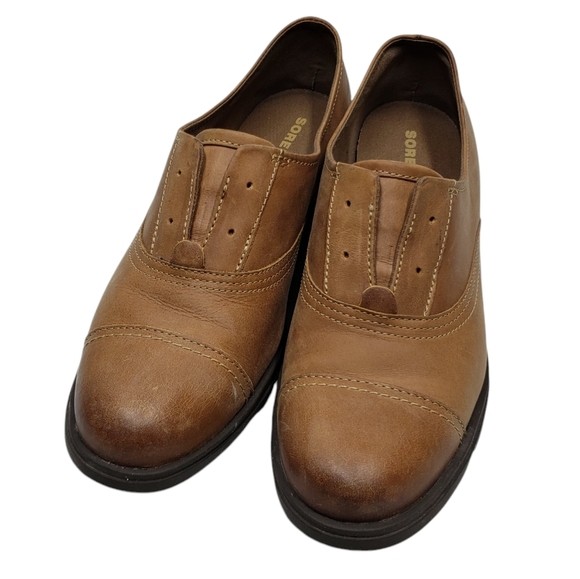 Sorel Women's Leather Oxford Slip On Lace Up Cap Toe Caramel Tan Brown Size 10.5 - Picture 1 of 14